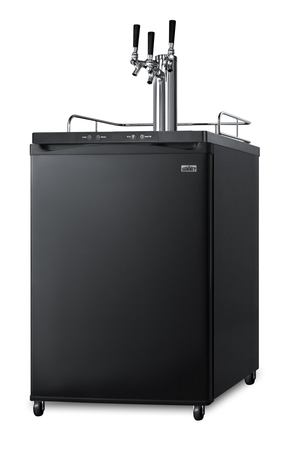 Freestanding residential beer dispenser, auto defrost with digital thermostat, black exterior finish, and triple tap system